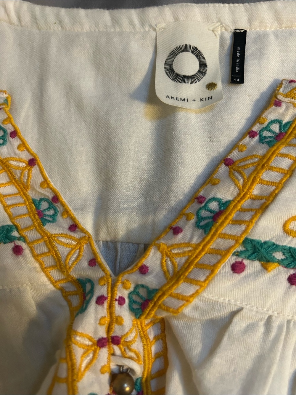 Embroidered White Cotton Peasant Top with Yellow & Teal Accents - Picture 7 of 8